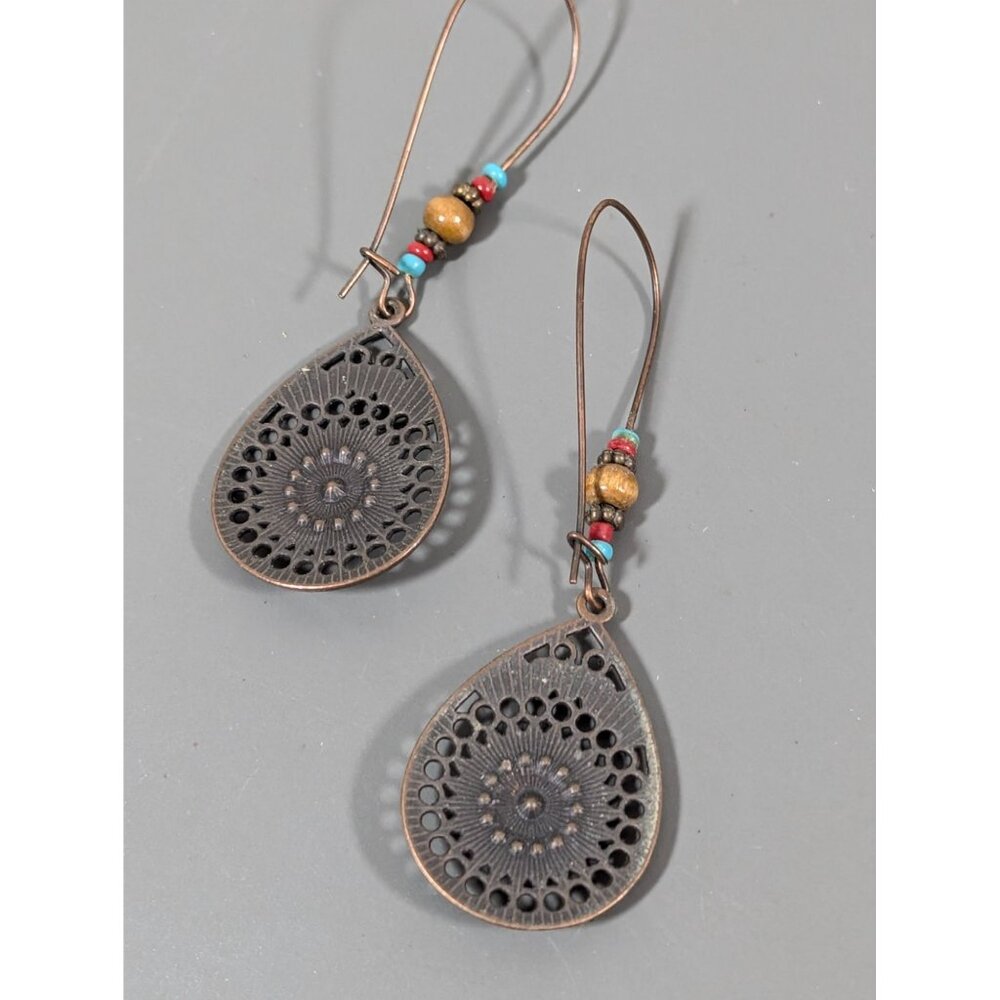 Boho Western Medallion Blue Brown Rhinestone Drop Long Earrings - Picture 6 of 6